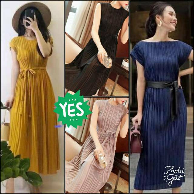 Dress prisket plisket pleated tangan pendek + obi import bkk hk chn bangkok china