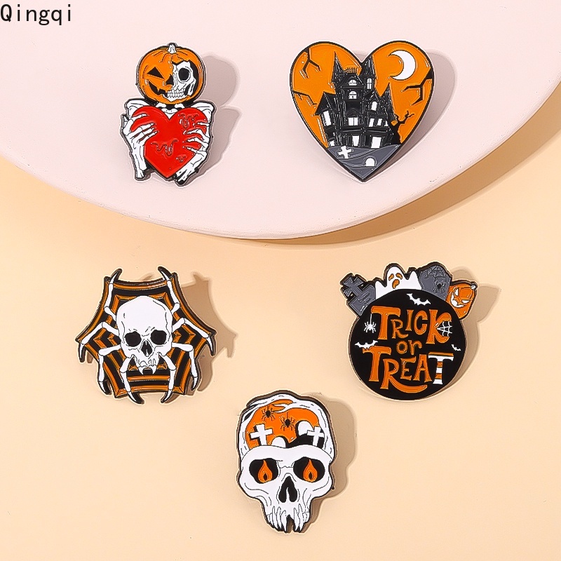 Bros Pin Enamel Desain Kartun Tengkorak Labu Halloween Untuk Anak