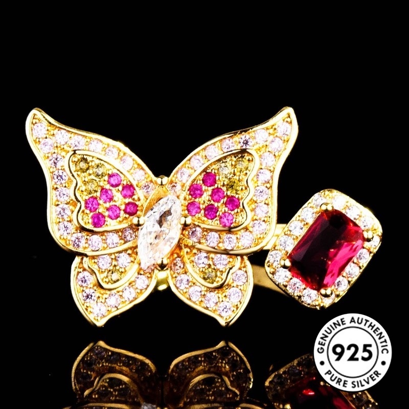 Cincin Lapis Silver 925 Model Kupu-Kupu Dengan Ruby Untuk Wanita Butterfly