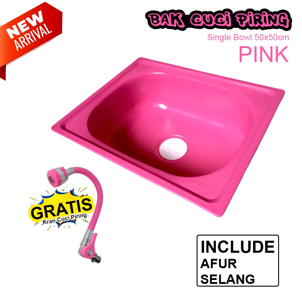 Bak Cuci Piring Single Bowl 50x50x14 PINK SET Komplite + Selang + Afur + GRATIS Kran Flexible 1/2inch Kitchen Sink Tempat Cuci Piring