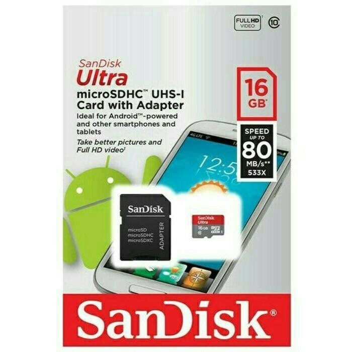 SanDisk Ultra microSDXC 16GB (80MB/s) UHS-I Class 10 + Adapter