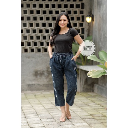 Celana Jumbo Sandwash Bahan Jeans Denim Muat Bb 70-120kg Bawahan Wanita Big Size Trendy-Love snow black L-XL