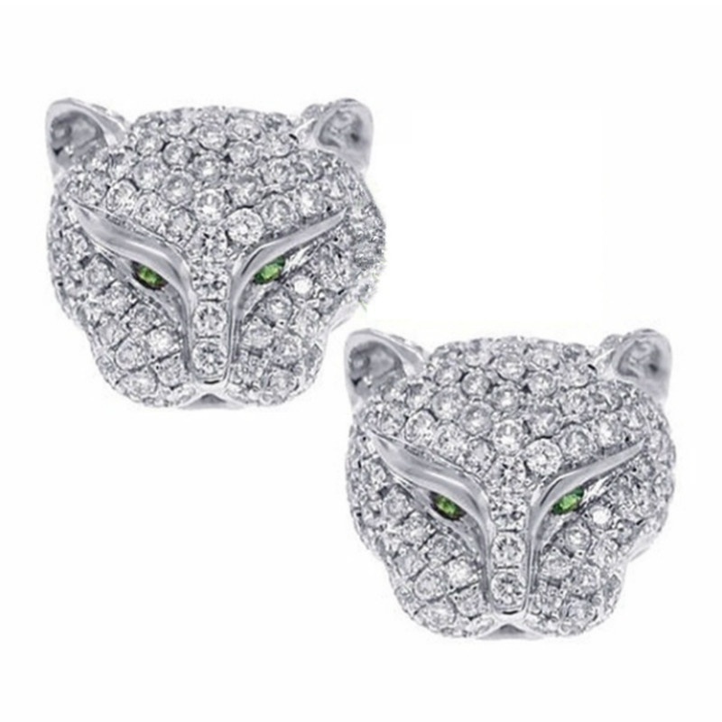 Anting Tusuk Motif Kepala Leopard Hias Berlian Imitasi Warna Silver Untuk Wanita