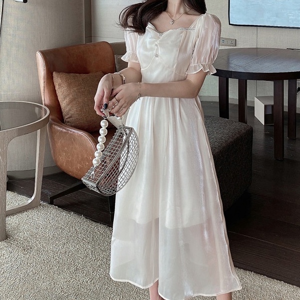 MS/  dress korea/dress putih/2022 baru dress brukat korean style putih wanita korea sutra high-end l