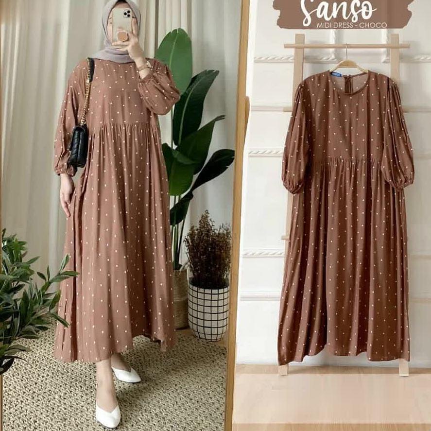 BRD.25Au22ᴳ– Sanso Midi Dress Katun Rayon Jumbo LD 110 cm Motif Polkadot Premium | Homey Dress Rayon
