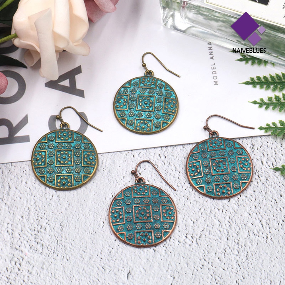 Anting Kait Bentuk Bulat Ukiran Gaya Vintage Bohemian Etnik Untuk Wanita