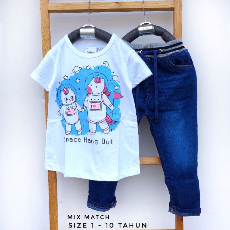 Baju Setelan Anak Perempuan MixMatch Kaos Motif Unicorn dan Tabina Jeans usia 2 tahun hingga 10 tahun