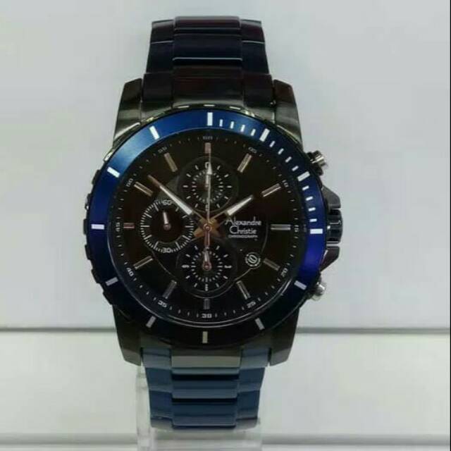 JAM TANGAN PRIA ALEXANDRE CHRISTIE AC 6141 COWOK BLACK BLUE / HITAM RANTAI BIRU ORIGINAL