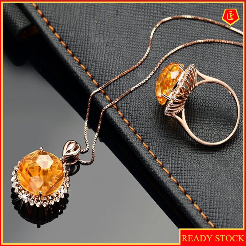 [Ready Stock]Colored Gems Citrine Ring Set Rose Gold Pendant