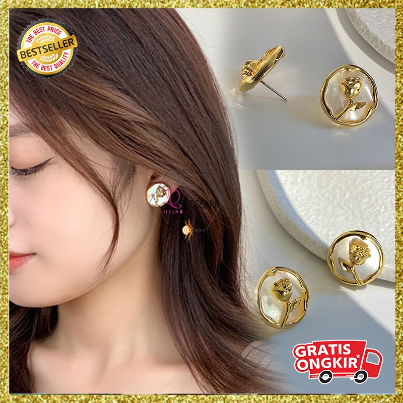 Anting Bulat Motif Bunga Mawar Korea Bahan Alloy Aksesoris Fashion Wanita Kualitas Premium ANT106