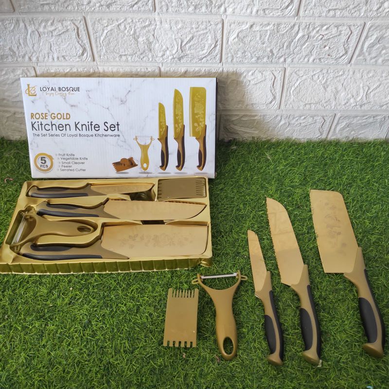 Set Pisau Dapur 5in1 Gold Motif Bunga Loyal Bosque Stainless Steel