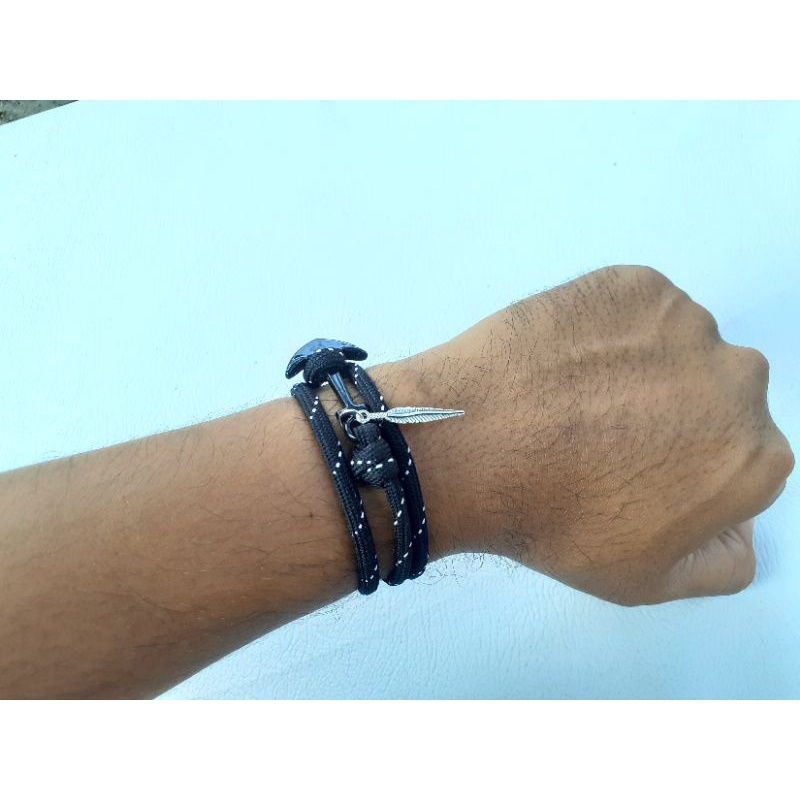 Gelang Pria Jangkar Paket Prusik Paracord Hitam Premium dengan charm bandul bulu feather daun leaf