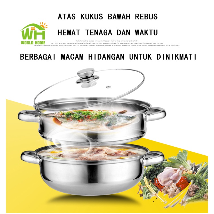 Panci Steamer Stainless 2 Tingkat 27,5cm Panci Kukus 2 Susun Stainless Steel-Steamer Stainless Steel