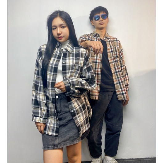 Korean blouse tartan kaos wanita Lengan panjang