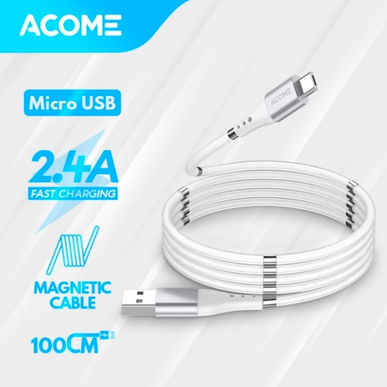 Kabel Charger ACOME ATM-010 Self Winding Magnetic 2.4A Micro USB 100cm