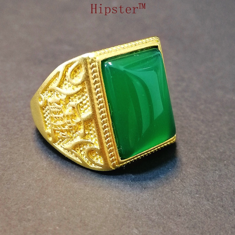 Hot Sale Retro Domineering Inlaid Emerald Gold Square Adjustable Ring