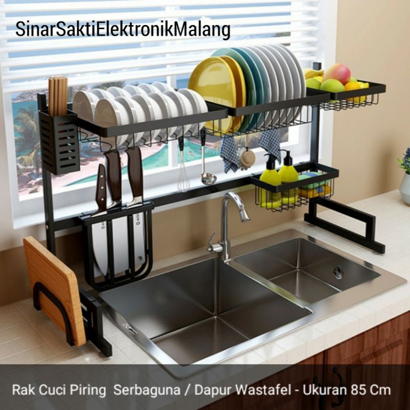 Rak Dapur Cuci Piring Wastafel 2 Susun Serbaguna Hitam 85cm Besi Anti Karat Kokoh