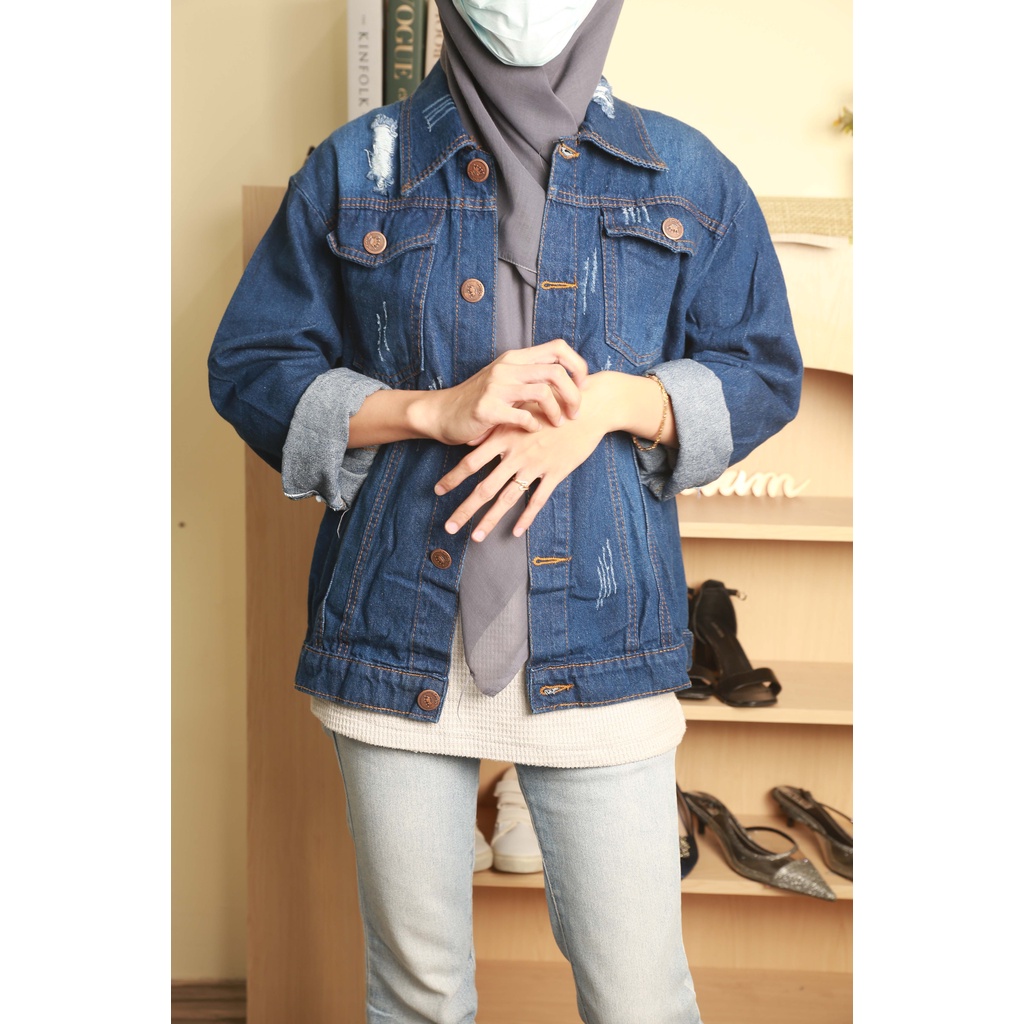 HOPYLOVY - Jaket Jeans Oversize Wanita Model Sobek Karina Ripped Biru Tua