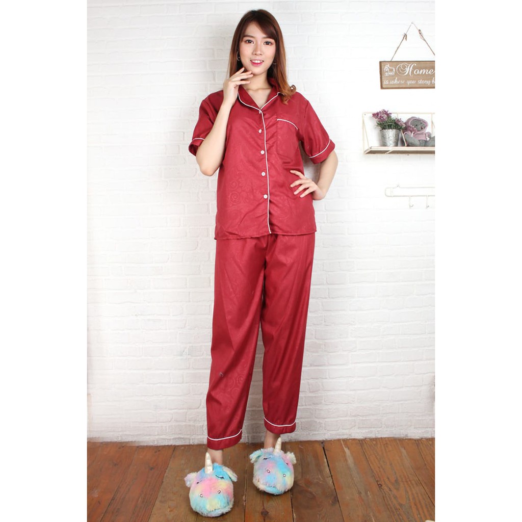 HipNop CP SATIN EMBOS BAJU TIDUR WANITA CELANA PANJANG PIYAMA CEWE CEWEK SLEEPWEAR MAROON