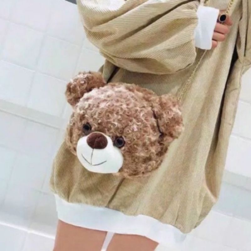 Tas Selempang Rante Beruang Bulu Curly Velveteen Tas Bahu Wanita Boneka Kepala Teddy Bear - TK33