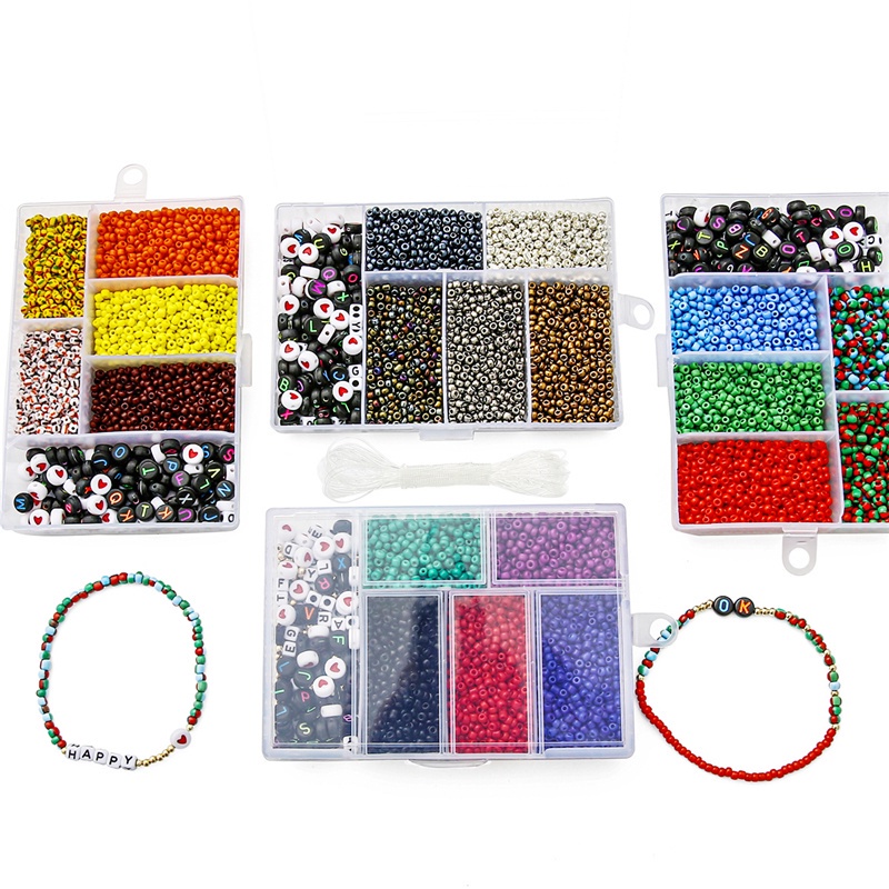 3500Pcs/box 3mm Glass Seed Beads Plastic Alphabet Letter Heart Beads with 5M Elastic Cord Mix Kits For Jewelry DIY Bracelet Make