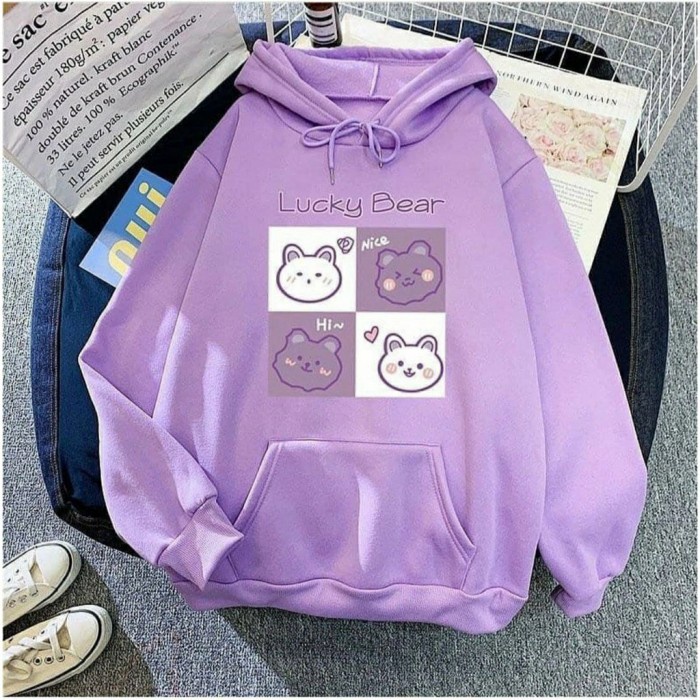 jaket wanita SWEATER HOODIE WANITA HOODIE LUCKY BEAR OVERSIZE - Lilac korea import Jaket wanita swea