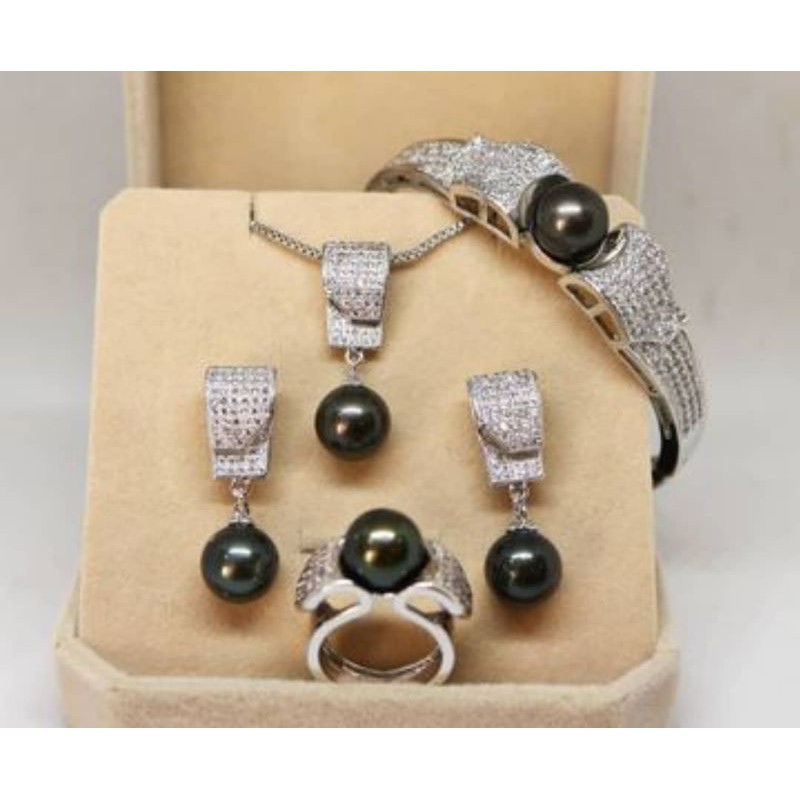 Set Rodhium Mutiara Laut Hitam Asli Lengkap Sertifikat