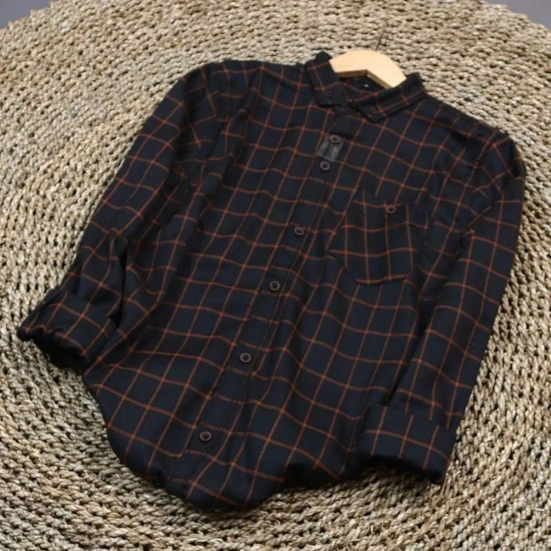 Kemeja Flanel Pria Wanita Lengan Panjang Motif Garis Coklat Berkualitas