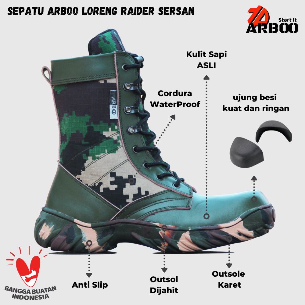 SEPATU PDL PRIA JATAH TNI BRIMOB LORENG MALVINAS SERSAN KULIT ASLI OUTSOL COMANDO SEFTY BOOTS