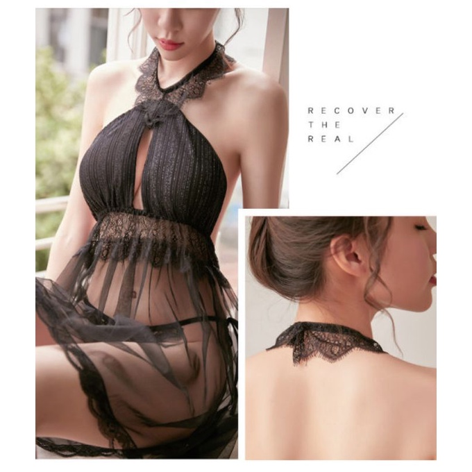 PREMIUM Lingerie Dress Sexy model Halter Neck Backless Renda Hitam