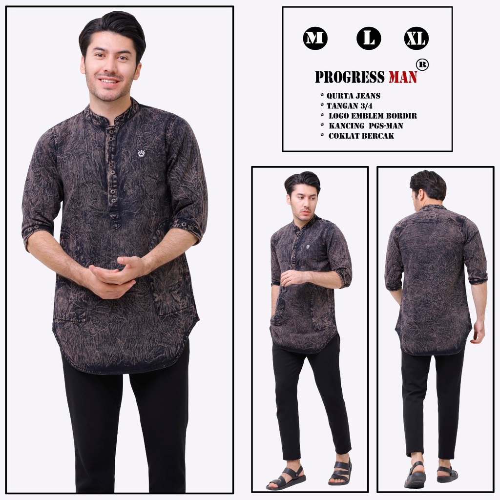 PROGRESS MAN baju koko jeans pria lengan tiga perempat koko kurta pangsi  kemeja koko denim pria lengan tiga perempat kurta pangsi jeans baju kurta denim dewasa logo bordir kancing ganda Biru langit washing P4N9S505