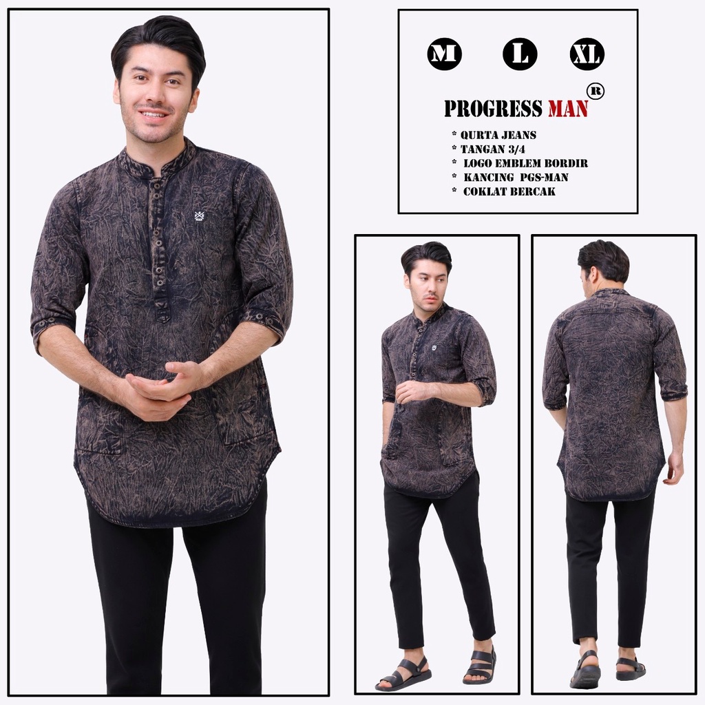 PROGRESS MAN baju koko jeans pria lengan tiga perempat koko kurta pangsi kemeja koko denim pria lengan tiga perempat kurta pangsi baju kurta denim dewasa logo bordir kancing ganda Merah marun washing P4N9S501