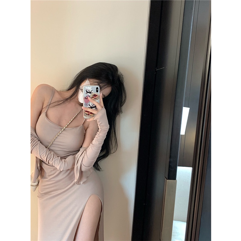 Mini Dress Seksi Temperamen Leher Bulat Pinggang Slim Mid-Length Slit Rok Wanita Musim Panas Keingin