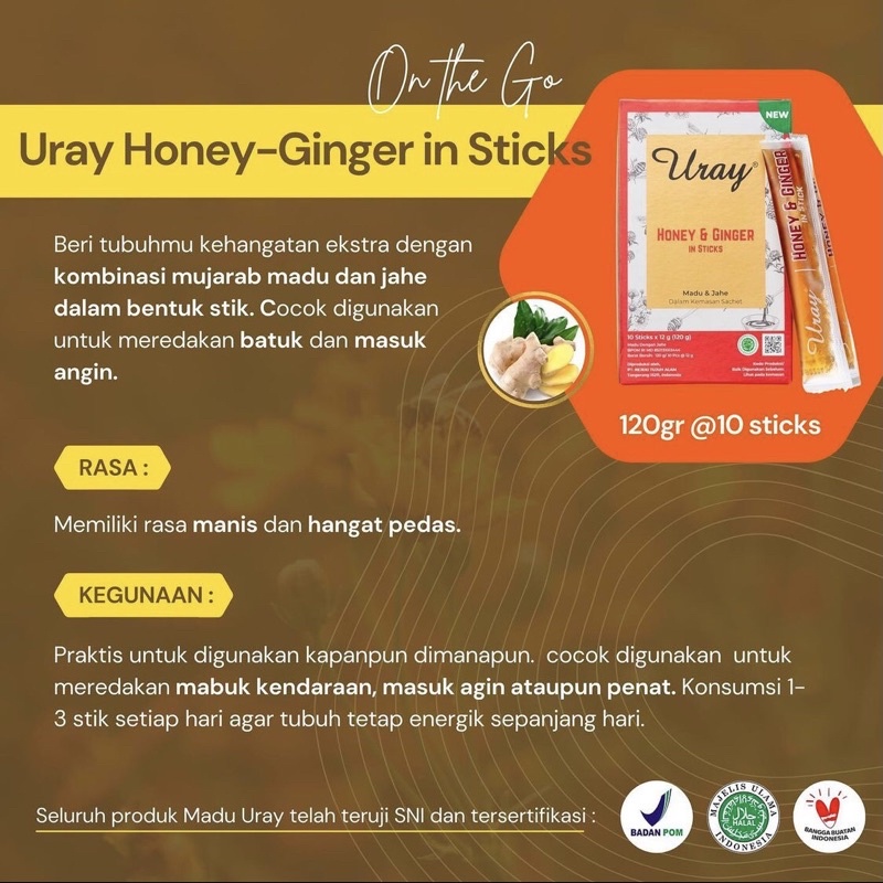 

RB22 MADU URAY HONEY & GINGER IN STICKS (1 DUS 120 GRAM) / MADU MURNI
