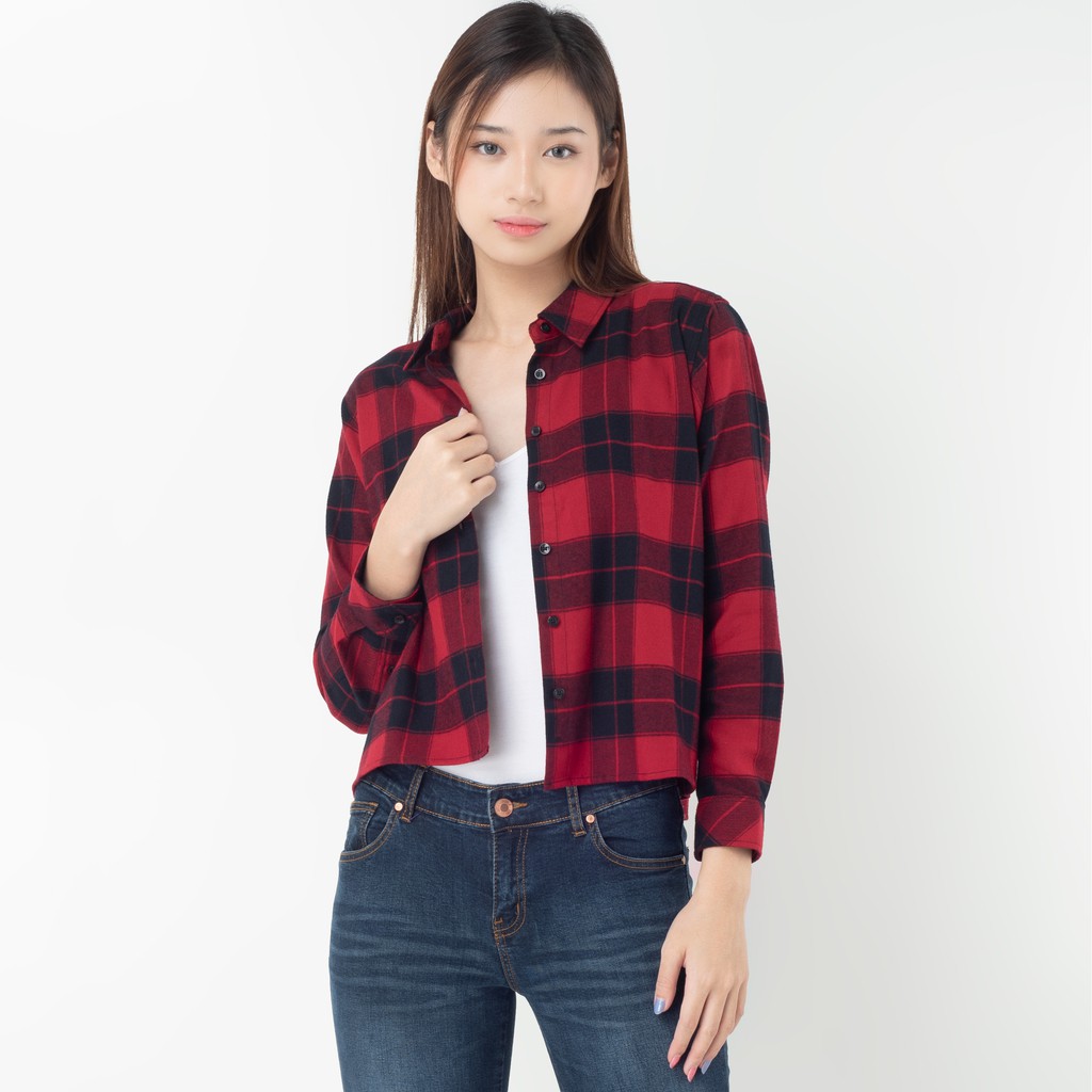Benhill Kemeja Crop Top Wanita Flannel  Lengan Panjang Kotak Merah 268-11484