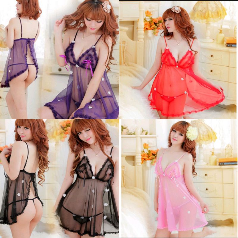 Lingerie + gstring bunga baju tidur seksi transparant bunga