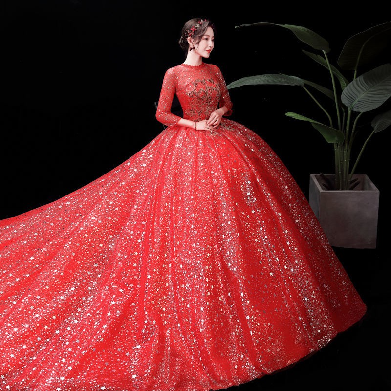 157 Women Fashion Red 3/4 Sleeve Long Tail Lace Wedding Dress