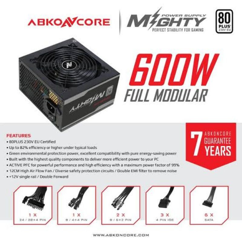 Power Supply Abkoncore Mighty 600 Watt 80+ Full Modular PSU ABKO N CORE 600W 80+