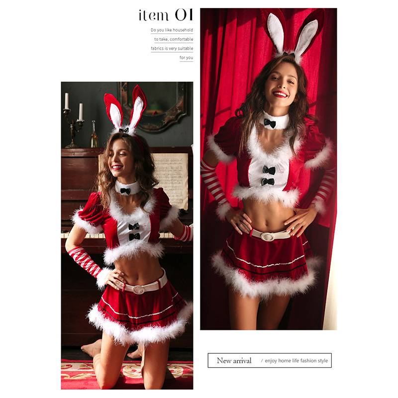 【Wetrose】Tiktok Super Seksi Lucu Merah Bunny Girl Gadis Seragam Cosplay Beludru Lingerie Set Untuk Natal Untuk X-Mas Christmas