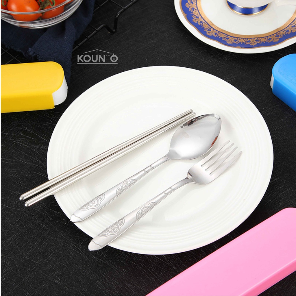 1 Set Alat Makan Sendok Garpu Sumpit Stainless Steel + Box Portable Travel Cutlery Set Food Grade