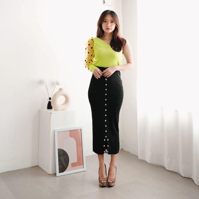 MDLV A157 ROLANDA KNITTED SET (2PCS) SETELAN RAJUT TOP ONE SHOULDER &amp; ROK RAJUT MIDI FASHION IMPORT