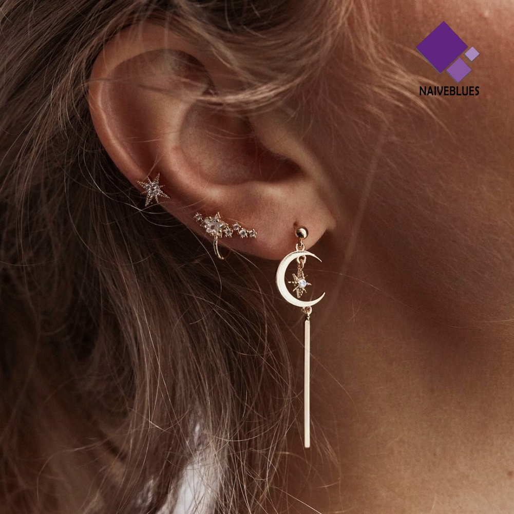 3pcs / Set Anting Stud Bentuk Bulan Bintang Aksen Berlian Imitasi Untuk Wanita