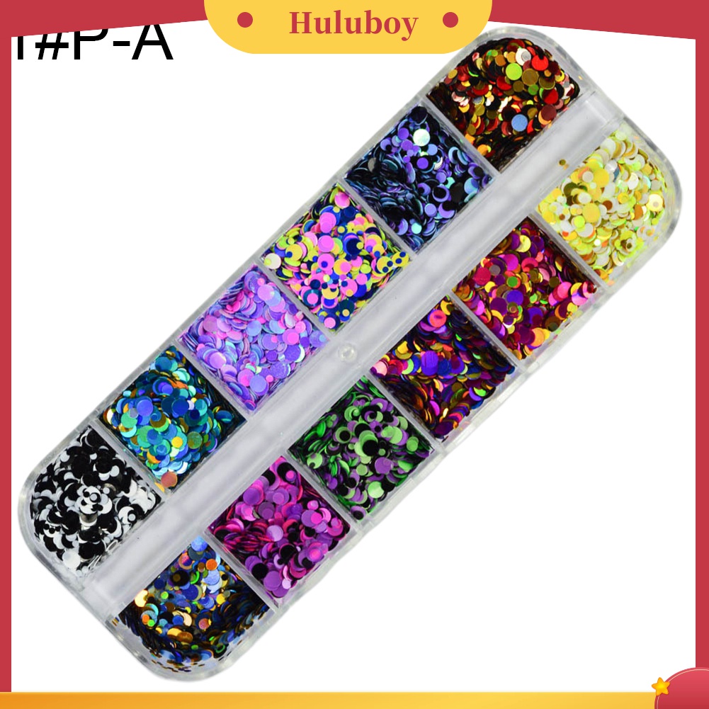 Huluboy Huluboy♡ 12 Grid Payet Glitter Campuran Bentuk Bulat Untuk Dekorasi Manicure