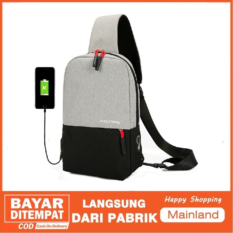 Mainland Tas Selempang USB Charger Sling Bag Impor Batam Slempang Kanvas Tas Dada TS501