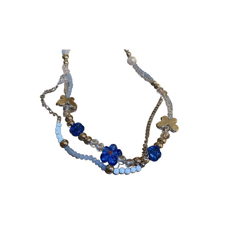 Kalung Manik-Manik Kristal Double Layer Desain Bunga Butterfly Warna Biru Gaya Hip Hop