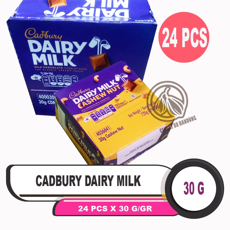 

CADBURY DAIRY MILK 30 GR/GRAM 24 PCS/BOX, COKELAT CADBURY DAIRY MILK CHOCOLATE UKURAN MINI/POCKET SIZE 30GR ISI 24PCS