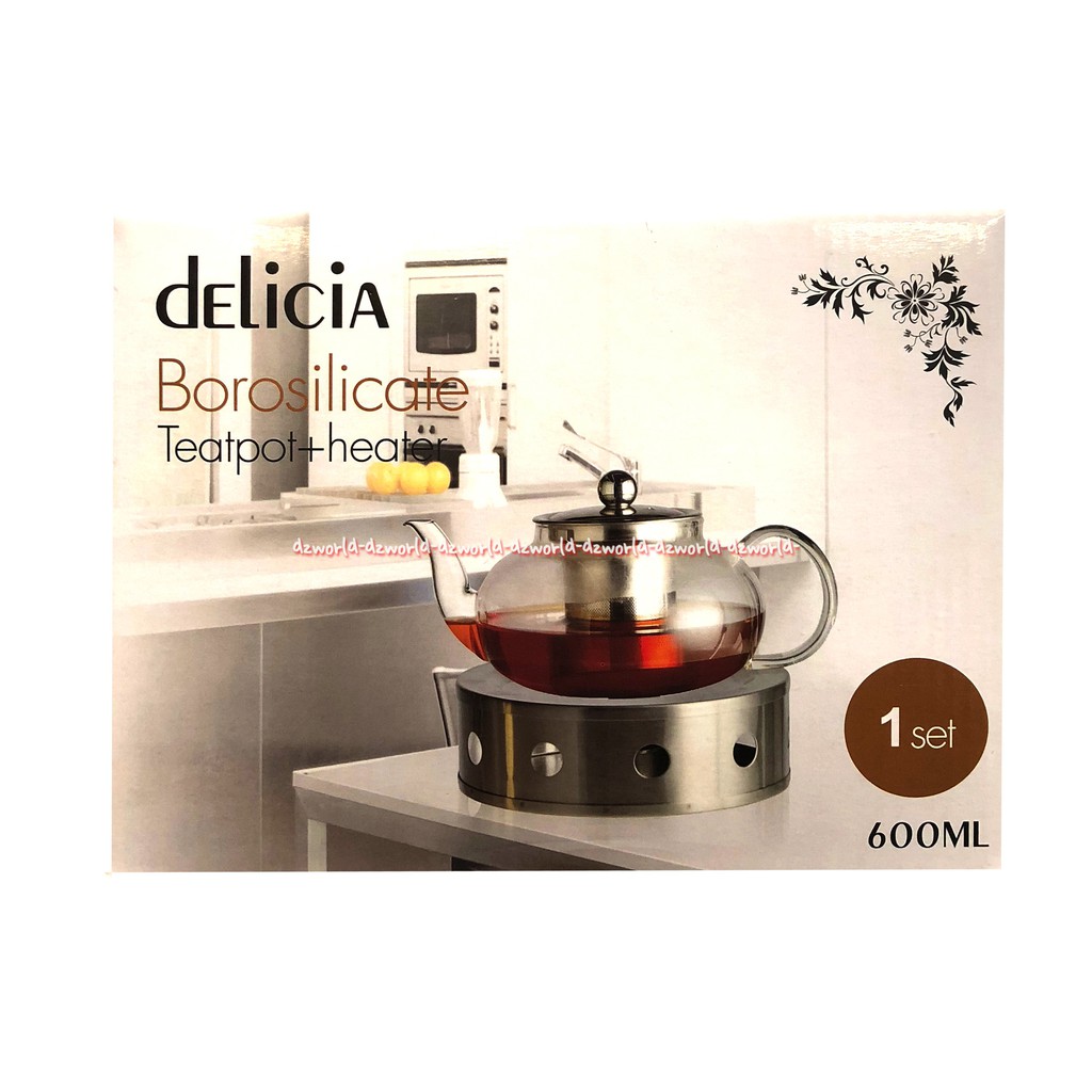 Delicia Borosilicate Teatpot Plus Heater 600ml Teko Teh Dilengkapi Dengan Pemanas Dan Saringan