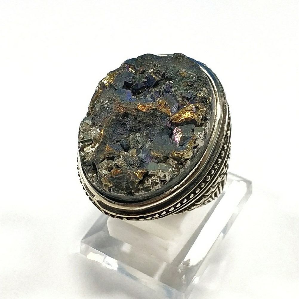 Natural Cincin Batu Akik Rainbow Pyrite Motif Art