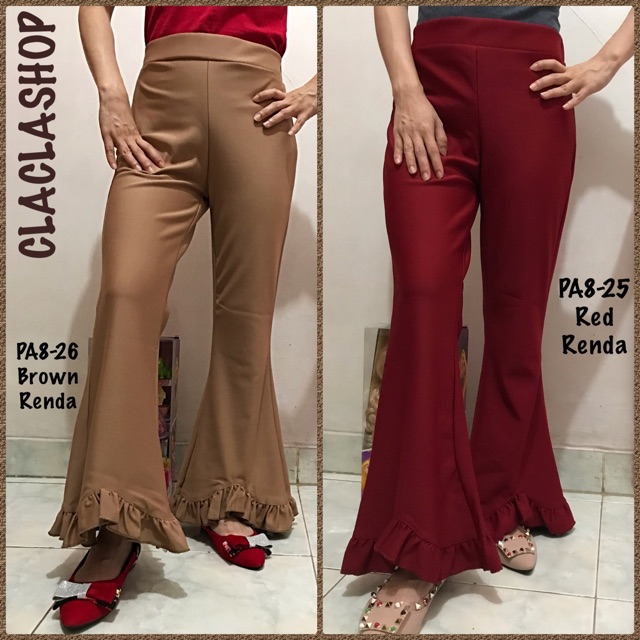 Celana Cutbray Pants Scuba Renda Ruffle|Kulot Panjang Cutbray Hitam Ruffle|Pants Panjang Ruffle