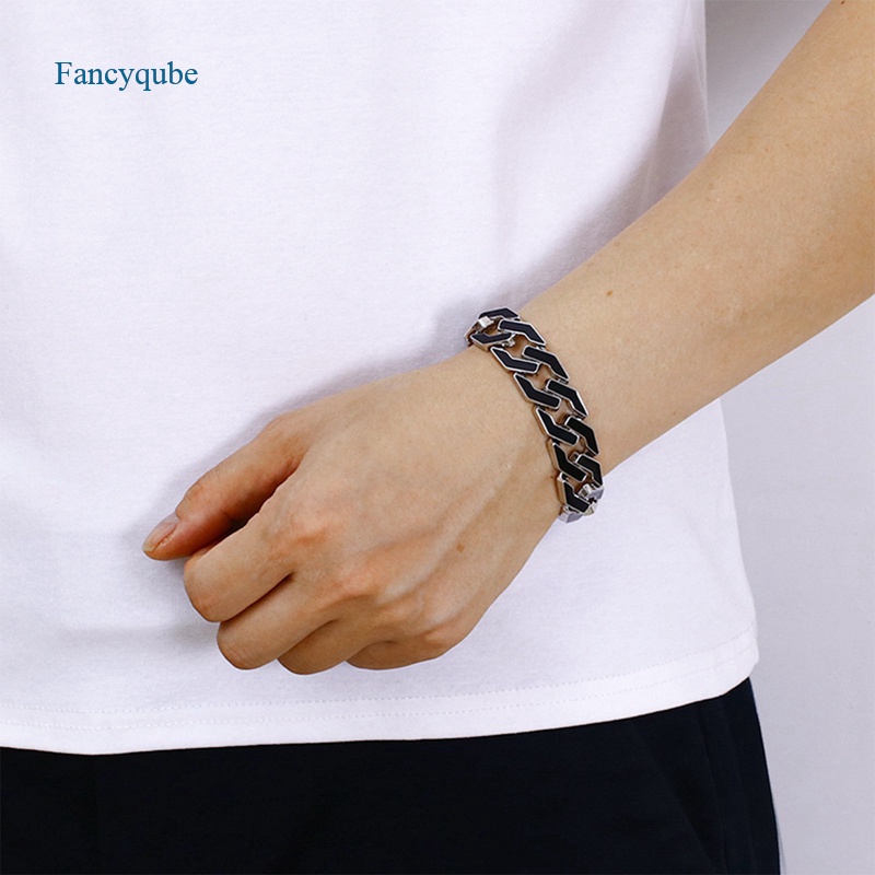 Fancyqube Gelang Tangan Lebar Bahan Stainless Steel Warna Hitam